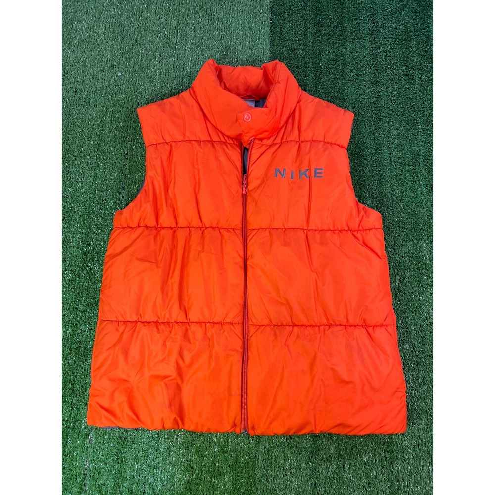 Nike Womens Puffer Vest Orange Sleeveless Quilted Full Zip Jacket Logo S/M‎